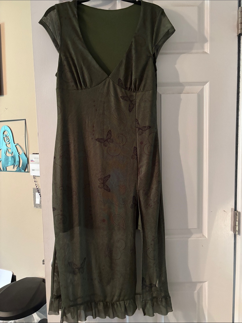 Cider Olive Green Butterfly-Print V-Neck Midi Dress